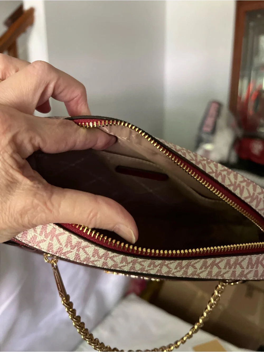 Michael Kors Red Signature Monogram Crossbody with Gold Chain